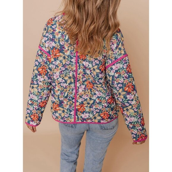 Women's Floral Quilted Jacket Crop Button Down Padded Puffer Jacket Multicolor - Picture 4 of 6